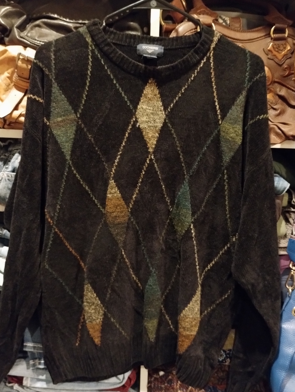 Dockers Men's Black Argyle  Sweater - Classic Crewneck Size Medium